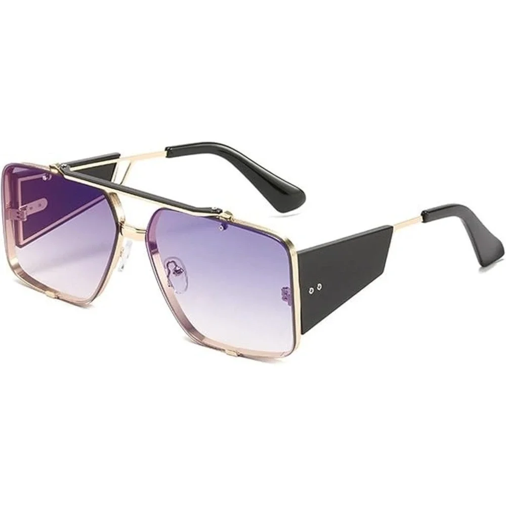 Mens Oversized Square Sunglasses Gold Frame Mirrored Blue Lenses Fashion Eyewear